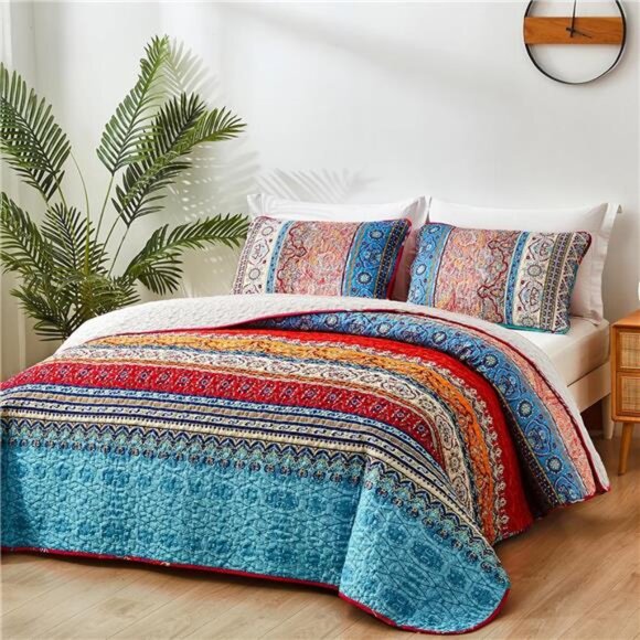 BEDDING Bohemian Quilt Set Queen Size, Boho Striped Pattern Bedspread Set - Picture 2 of 7